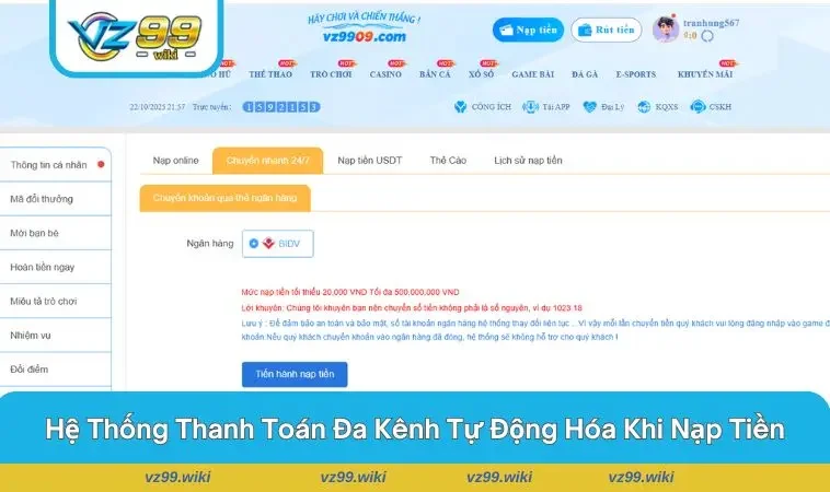 Giao diện nạp tiền bằng ngân hàng tự động
