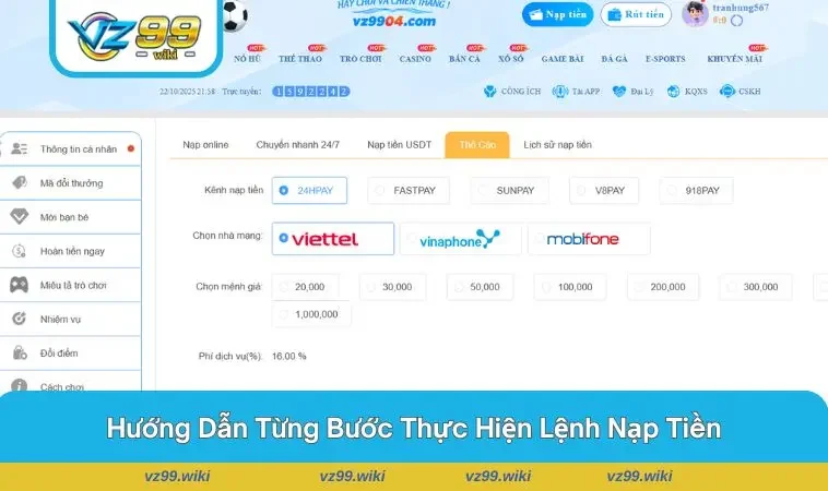 Giao diện khởi lệnh và lựa chọn phương thức thanh toán